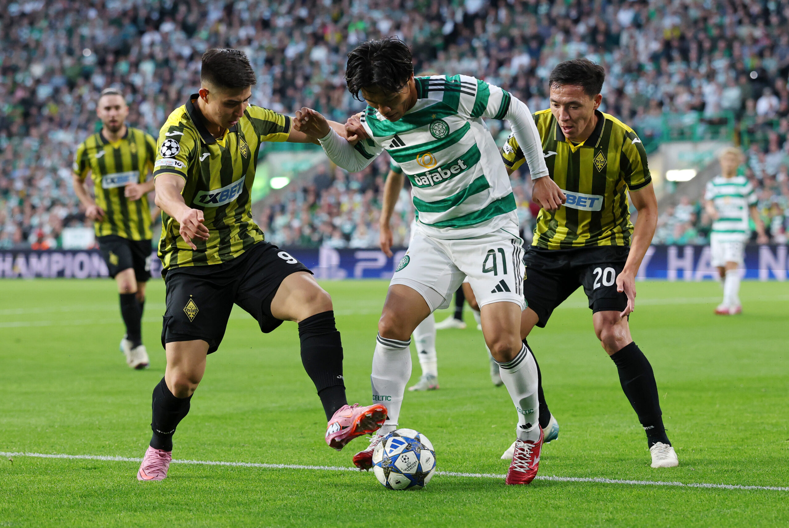 Celtic midfielder Reo Hatate in action against Kairat