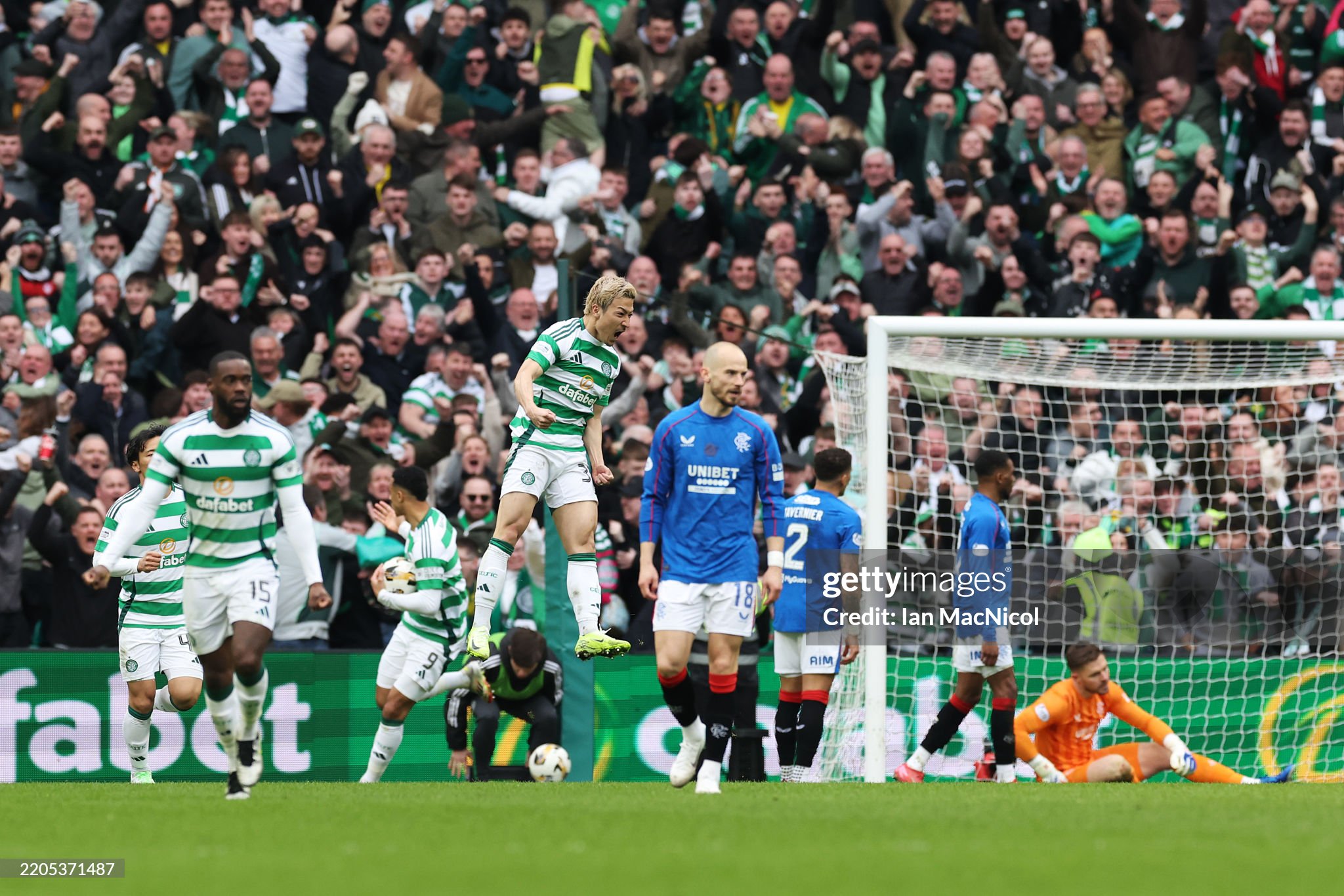 Celtic striker Daizen Maeda celebrates his goal against Rangers