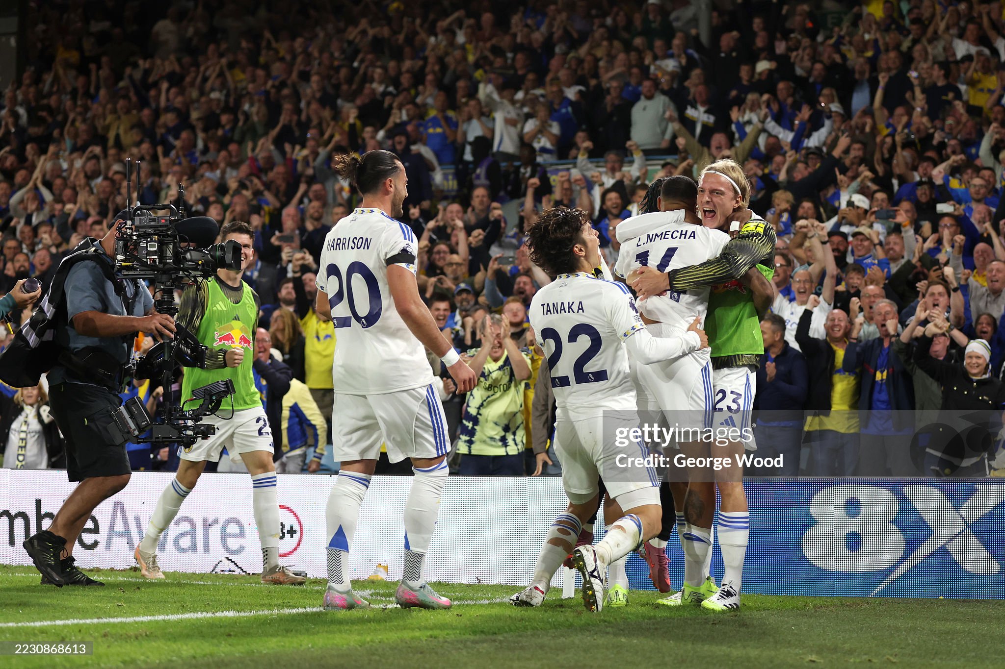 Leeds United forward Lukas Nmecha celebrates his goal against Everton