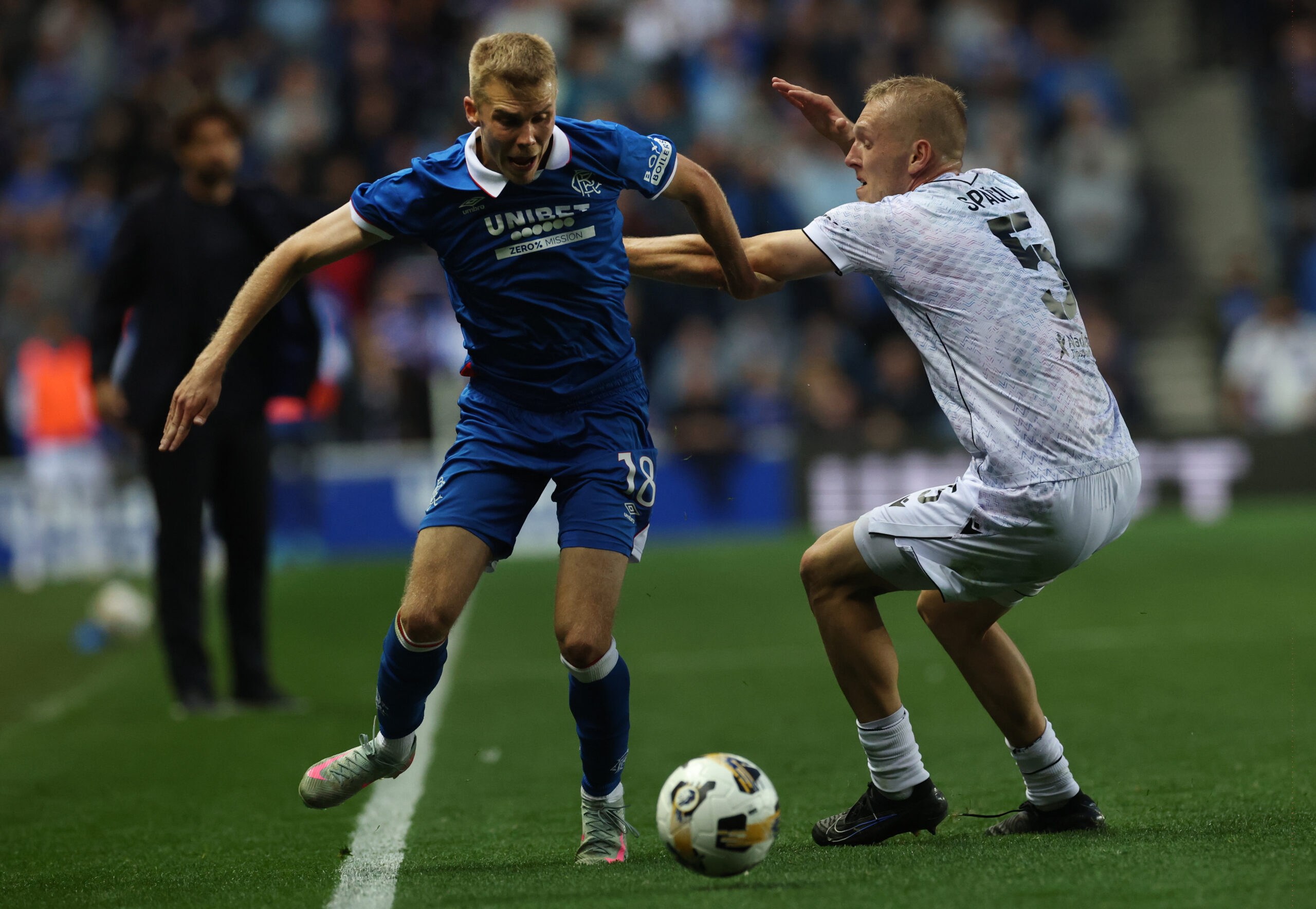 Rangers winger Antman in action against Viktoria Plzen
