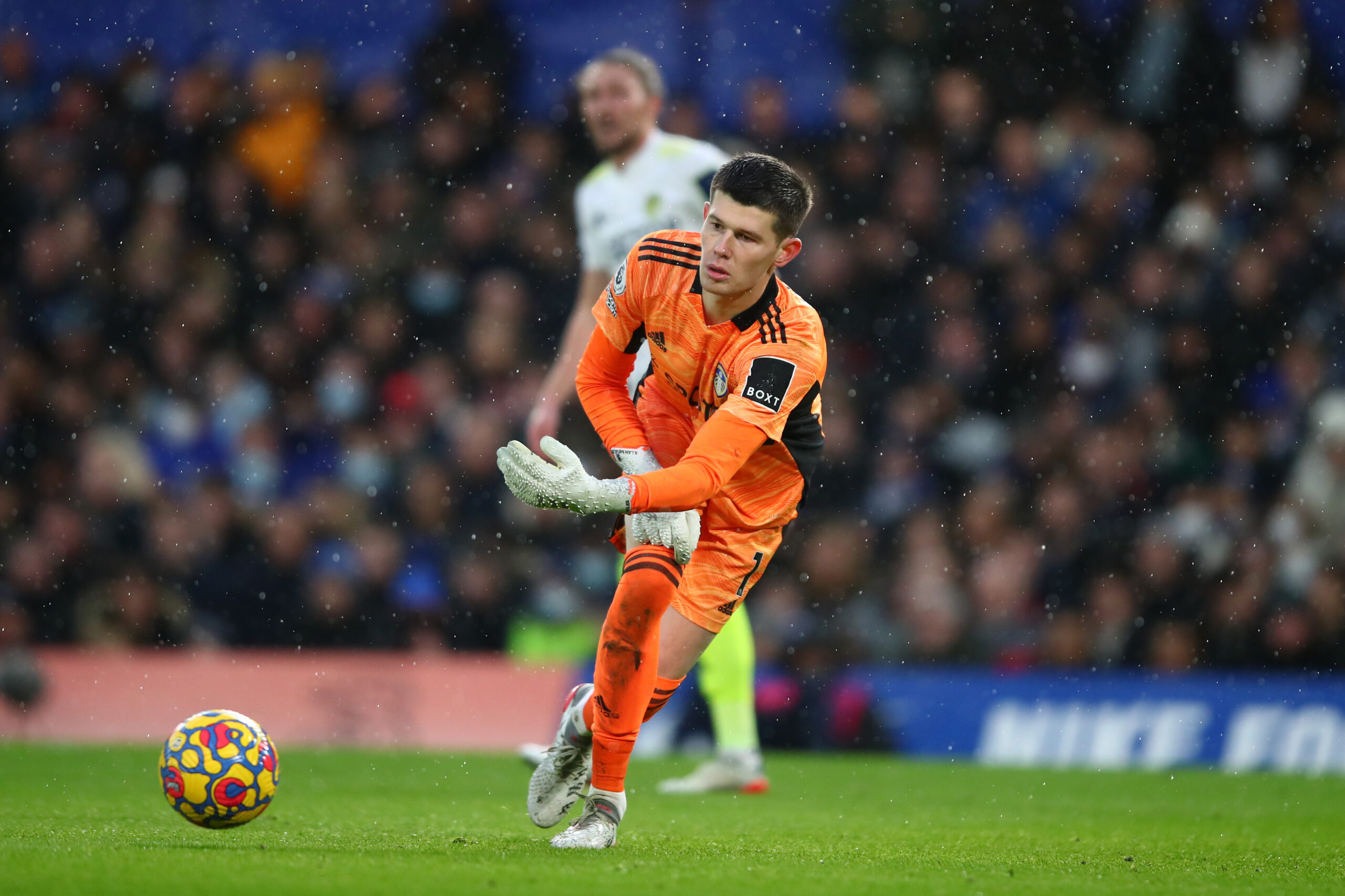 Leeds United keeper Illan Meslier in action against Chelsea