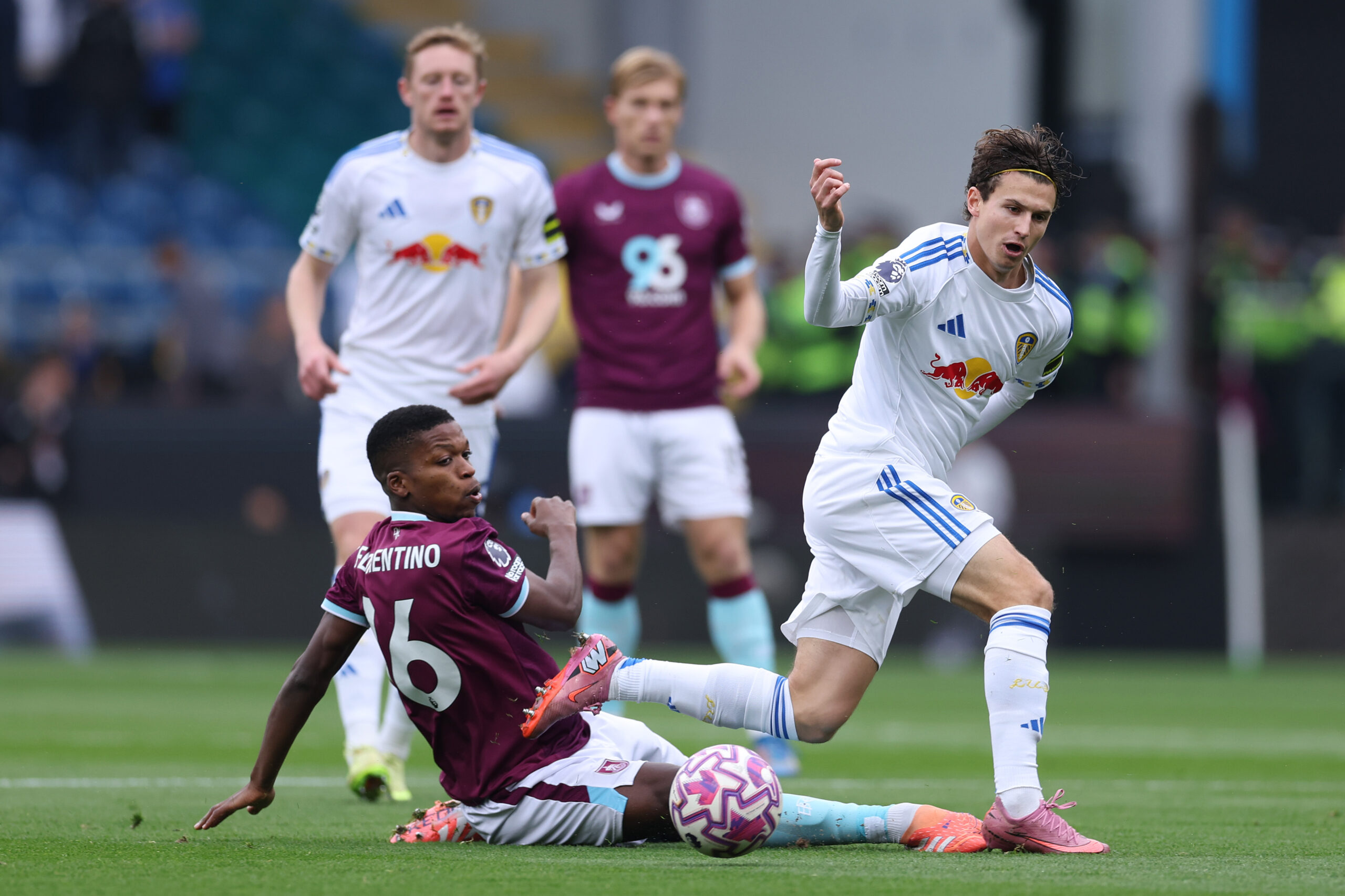 Leeds attacker Aaronson in action against Burnley