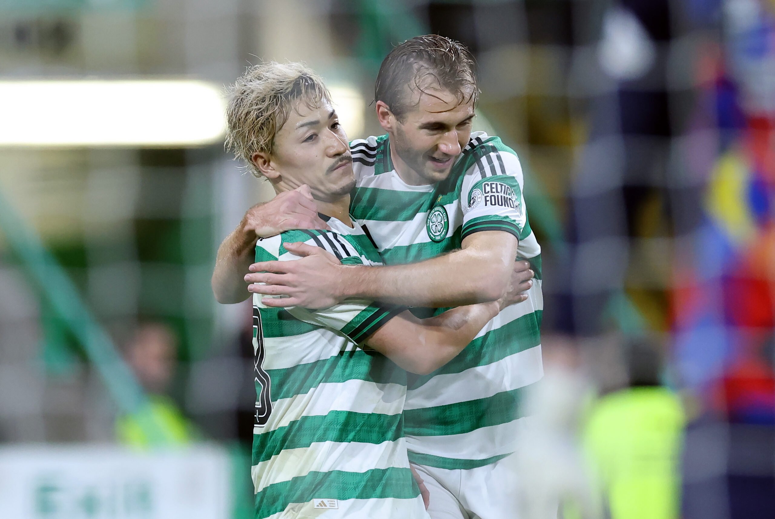 Celtic attacker Maeda celebrates a goal with Nygren
