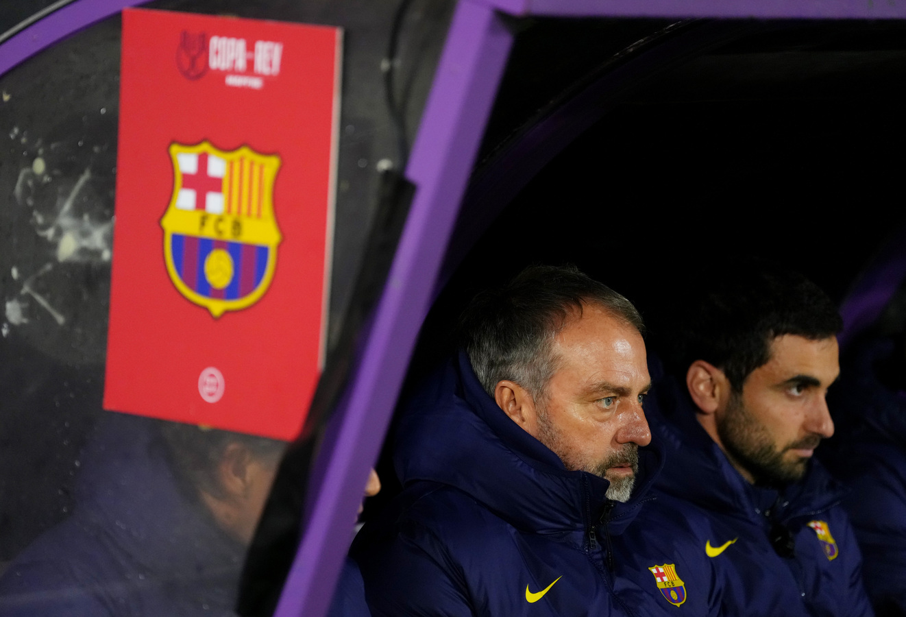 FC Barcelona manager Hansi Flick during a match at Camp Nou, symbolizing the club's push for a contract extension until 2028 and his tactical revitalisation of the squad.