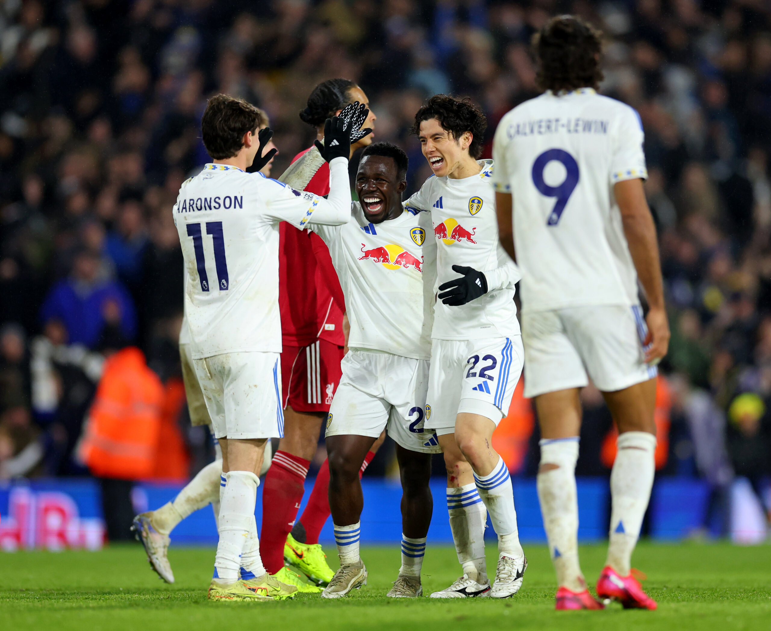 Leeds United players celebrate a goal