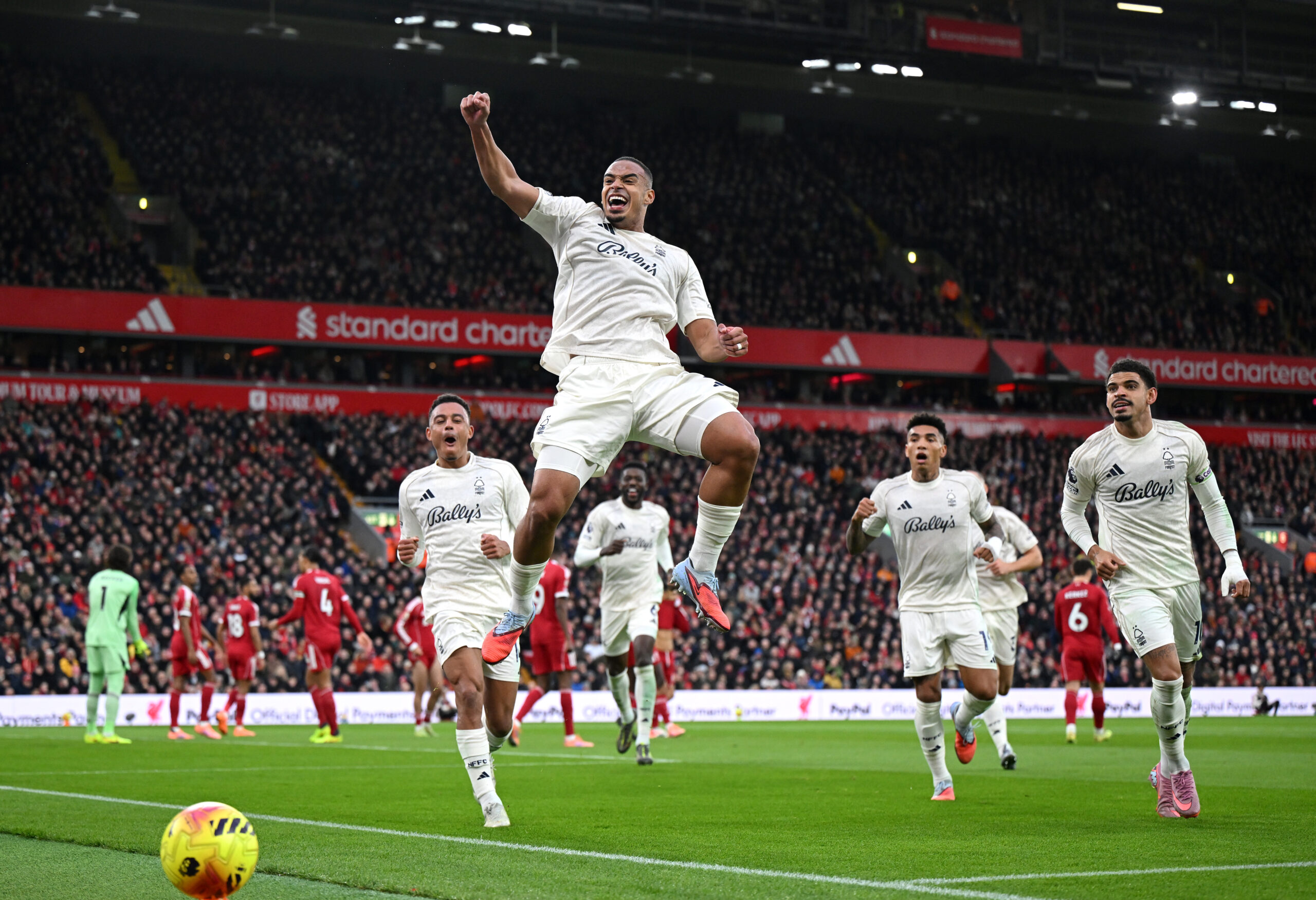 Former Chelsea target Murillo celebrates a goal against Liverpool