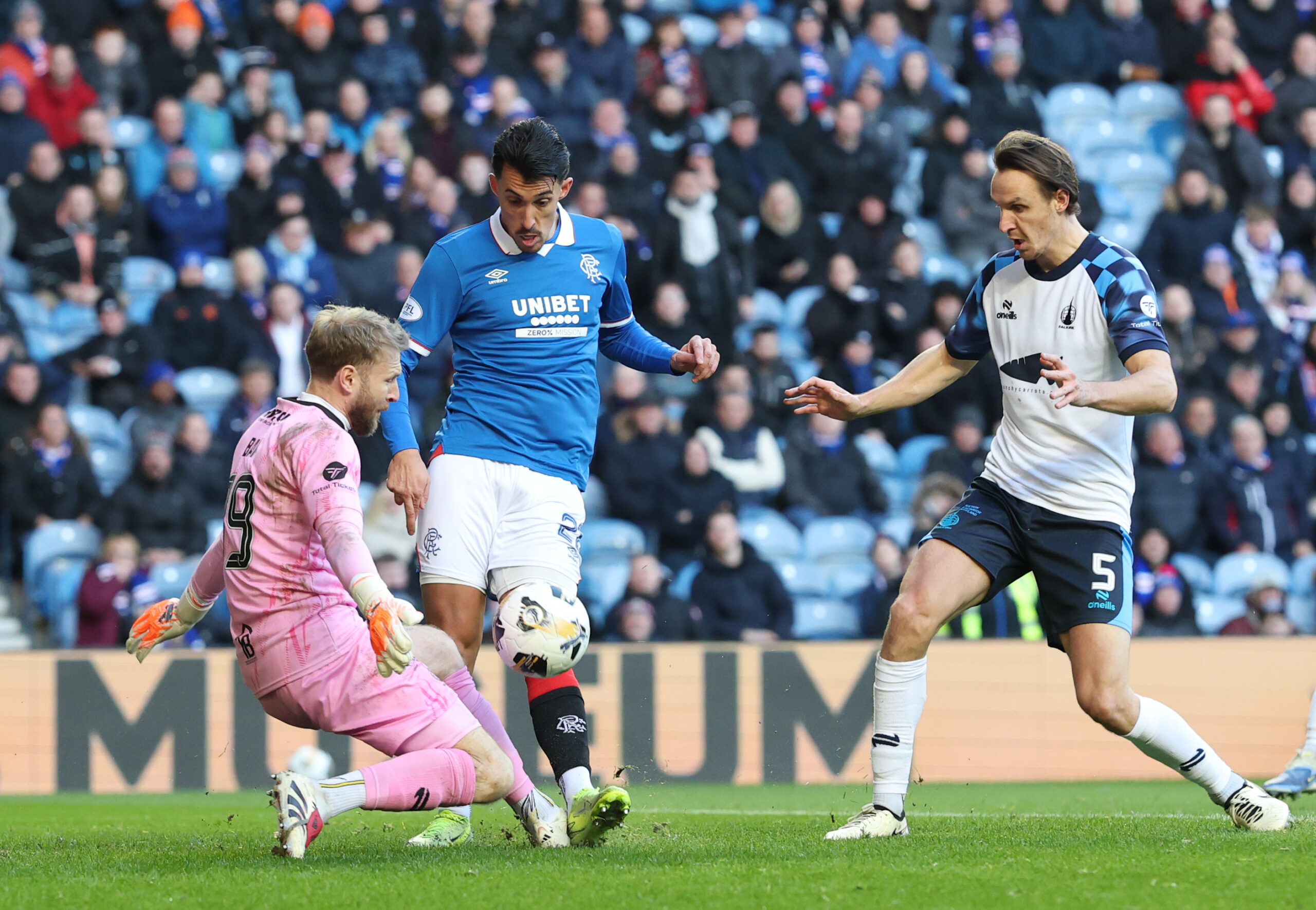 Rangers forward Miovski in action against Falkirk