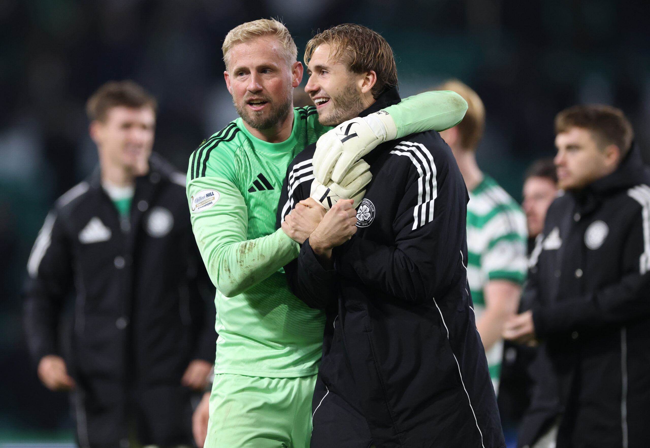 Celtic keeper Schmeichel celebrates with Nygren