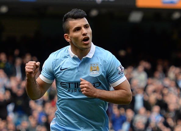 Manchester City's Argentinian striker Sergio Aguero celebrates after scoring their second goal from the penalty spot during the English Premier League football match between Manchester City and Stoke at the Etihad Stadium in Manchester, north west England, on April 23, 2016. / AFP / OLI SCARFF / RESTRICTED TO EDITORIAL USE. No use with unauthorized audio, video, data, fixture lists, club/league logos or 'live' services. Online in-match use limited to 75 images, no video emulation. No use in betting, games or single club/league/player publications.  /         (Photo credit should read OLI SCARFF/AFP/Getty Images)