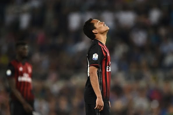 AC Milan's forward from Colombia Carlos Bacca reacts as Juventus' forward from Spain Alvaro Morata scored during the Italian Tim Cup final football match AC Milan vs Juventus on May 21, 2016 at the Olympic Stadium in Rome.    
 AFP PHOTO / FILIPPO MONTEFORTE / AFP / FILIPPO MONTEFORTE        (Photo credit should read FILIPPO MONTEFORTE/AFP/Getty Images)