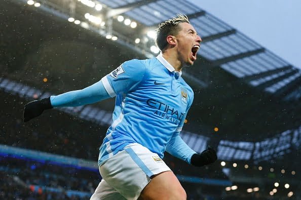 Manchester Citys French midfielder Samir Nasri celebrates after scoring during the English Premier League football match between Manchester City and West Bromwich Albion at the Etihad Stadium in Manchester, north west England, on April 9, 2016. / AFP / LINDSEY PARNABY / RESTRICTED TO EDITORIAL USE. No use with unauthorized audio, video, data, fixture lists, club/league logos or 'live' services. Online in-match use limited to 75 images, no video emulation. No use in betting, games or single club/league/player publications.  /         (Photo credit should read LINDSEY PARNABY/AFP/Getty Images)