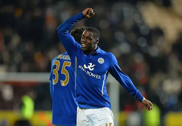 HULL, ENGLAND - DECEMBER 28: Jeffrey Schlupp of Leicester City celebrates in front of fans after the Barclays Premier League match between Hull City and Leicester City at KC Stadium on December 28, 2014 in Hull, England.  (Photo by Tony Marshall/Getty Images)