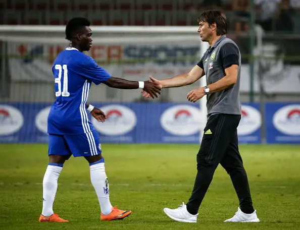 VELDEN, AUSTRIA - JULY 20:  Head coach Antonio Konte (R) of Chelsea shake hands with the Christian Atsu (L) after the international friendly match between WAC RZ Pellets and Chelsea F.C. at Worthersee Stadion on July 20, 2016 in Velden, Austria. (Photo by Srdjan Stevanovic/Getty Images)