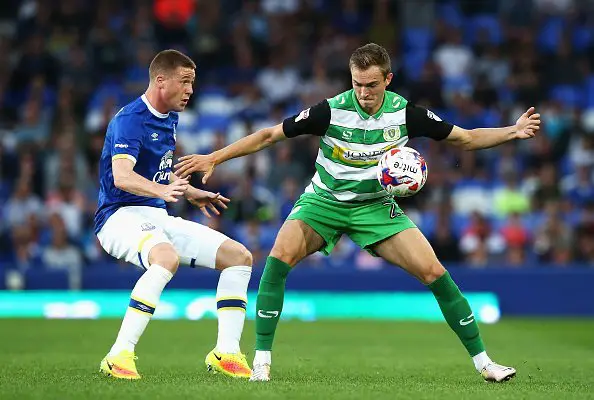 LIVERPOOL, ENGLAND - AUGUST 23: Ryan Hedges of Yeovil Town is closed down by James McCarthy of Everton during the EFL Cup second round match between Everton and Yeovil Town at Goodison Park on August 23, 2016 in Liverpool, England.  (Photo by Jan Kruger/Getty Images)