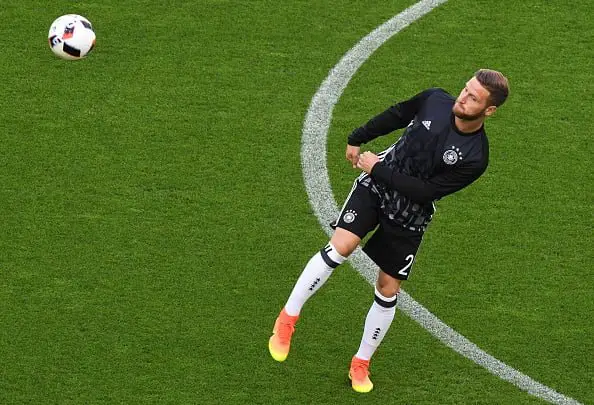 Germany's defender Shkodran Mustafi warms up before the Euro 2016 quarter-final football match between Germany and Italy at the Matmut Atlantique stadium in Bordeaux on July 2, 2016.
 / AFP / MEHDI FEDOUACH        (Photo credit should read MEHDI FEDOUACH/AFP/Getty Images)