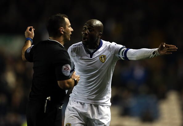 LEEDS, ENGLAND - OCTOBER 29:  Sol Bamba (R) of Leeds United gestures to referee Tim Robinson during the Sky Bet Championship match between Leeds United and Blackburn Rovers on October 29, 2015 in Leeds, United Kingdom.  (Photo by Nigel Roddis/Getty Images)
