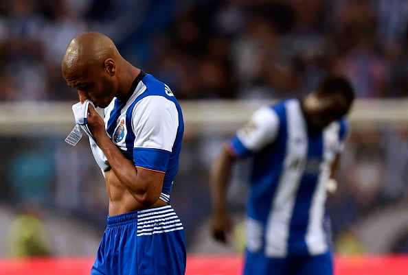 Porto's Algerian midfielder Yacine Brahimi wipes his face at the end of the Portuguese league football match FC Porto vs Sporting CP at the Dragao stadium in Porto on April 29, 2016. / AFP / FRANCISCO LEONG        (Photo credit should read FRANCISCO LEONG/AFP/Getty Images)