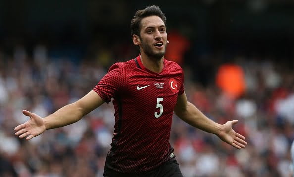 Turkey's striker Hakan Calhanoglu celebrates scoring his team's first goal during the friendly football match between England and Turkey at the Etihad Stadium in Manchester, north west England, on May 22, 2016. / AFP / Scott Heppell / NOT FOR MARKETING OR ADVERTISING USE / RESTRICTED TO EDITORIAL USE         (Photo credit should read SCOTT HEPPELL/AFP/Getty Images)