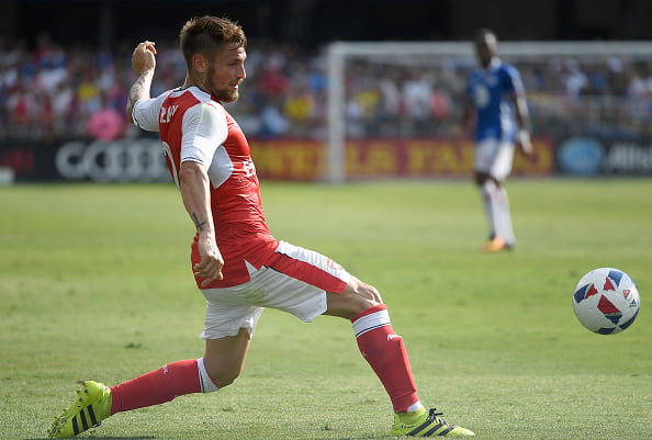 SAN JOSE, CA - JULY 28:  Mathieu Debuchy #2 of Arsenal FC passes the ball against the MLS All-Stars during the second half of the AT&T MLS All-Star Game at Avaya Stadium on July 28, 2016 in San Jose, California.  (Photo by Thearon W. Henderson/Getty Images)