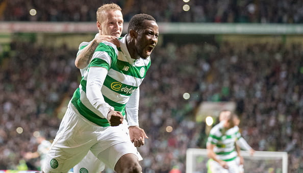 GLASGOW, SCOTLAND - AUGUST 3: Moussa Dembele of Celtic celebrates his goal with Leigh Griffiths during the UEFA Champions League, Third Round, Second Leg between Celtic and Astana at Celtic Park on August 3, 2016 in Glasgow, Scotland. (Photo by Steve  Welsh/Getty Images)