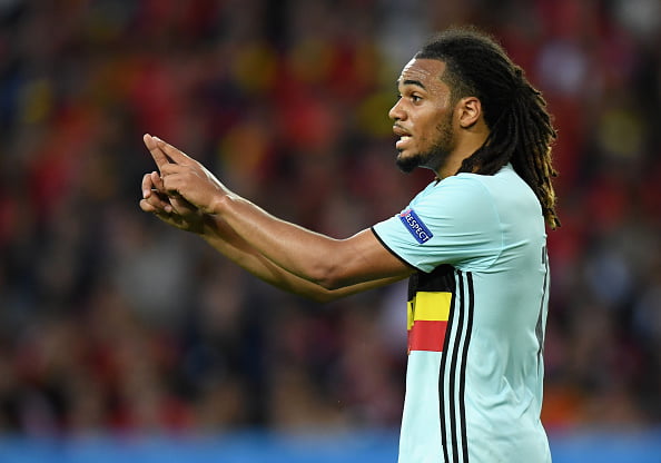 LILLE, FRANCE - JULY 01: Jason Denayer of Belgium gestures during the UEFA EURO 2016 quarter final match between Wales and Belgium at Stade Pierre-Mauroy on July 1, 2016 in Lille, France.  (Photo by Matthias Hangst/Getty Images)