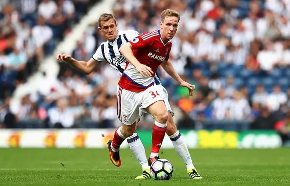 WEST BROMWICH, ENGLAND - AUGUST 28: Adam Forshaw of Middlesbrough is closed down by Darren Fletcher of West Bromwich Albion during the Premier League match between West Bromwich Albion and Middlesbrough at The Hawthorns on August 28, 2016 in West Bromwich, England.  (Photo by Michael Steele/Getty Images)
