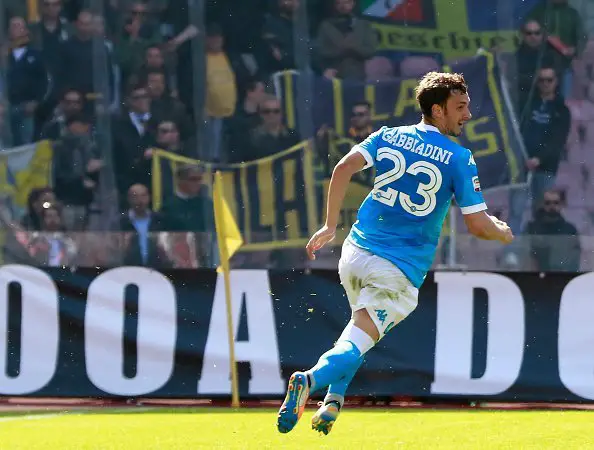 Napoli's Italian forward Manolo Gabbiadini celebrates after scoring during the Italian Serie A football match between SSC Napoli and Hellas Verona FC on April 10, 2016 at San Paolo stadium in Naples. / AFP / CARLO HERMANN        (Photo credit should read CARLO HERMANN/AFP/Getty Images)