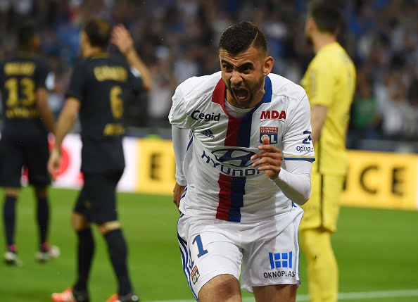 Lyon's French Algerian midfielder Rachid Ghezzal reacts after scoring during the French L1 football match Olympique Lyonnais and AS Monaco on May 7, 2016, at the New Stadium in Decines-Charpieu near Lyon, southeastern France.      AFP PHOTO/PHILIPPE DESMAZES / AFP / PHILIPPE DESMAZES        (Photo credit should read PHILIPPE DESMAZES/AFP/Getty Images)