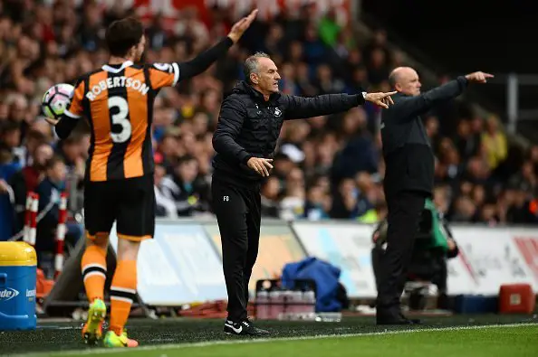 SWANSEA, WALES - AUGUST 20: Francesco Guidolin, Manager of Swansea City gesticulates during the Premier League match between Swansea City and Hull City at Liberty Stadium on August 20, 2016 in Swansea, Wales. (Photo by Patrik Lundin/Getty Images)