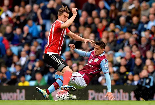 BIRMINGHAM, ENGLAND - APRIL 23:  Ashley Westwood of Aston Villa makes a tackle on Jay Rodriguez of Southampton during the Barclays Premier League match between Aston Villa and Southampton at Villa Park on April 23, 2016 in Birmingham, United Kingdom.  (Photo by Gareth Copley/Getty Images)