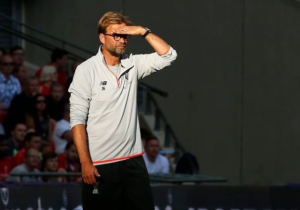 Liverpool's German manager Jurgen Klopp watches from the touchline during the pre-season International Champions Cup football match between Spanish champions, Barcelona and Liverpool at Wembley stadium in London on August 6, 2016. / AFP / Ian KINGTON        (Photo credit should read IAN KINGTON/AFP/Getty Images)