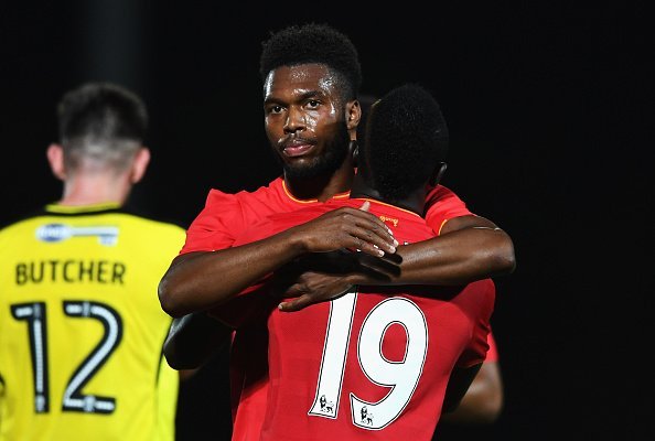 BURTON UPON TRENT, ENGLAND - AUGUST 23:  Daniel Sturridge of Liverpool celebrates scoring his team's fifth goal with Sadio Mane during the EFL Cup second round match between Burton Albion and Liverpool at Pirelli Stadium on August 23, 2016 in Burton upon Trent, England.  (Photo by Gareth Copley/Getty Images)