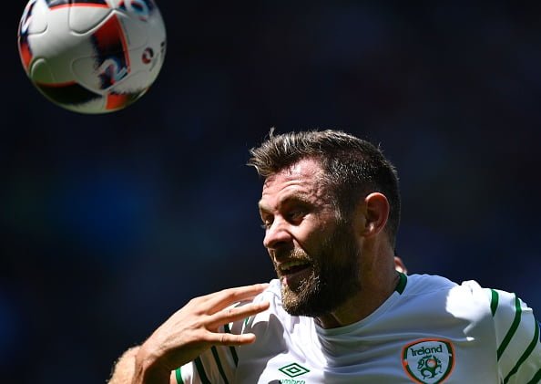 Ireland's forward Daryl Murphy heads the ball during Euro 2016 round of 16 football match between France and Republic of Ireland at the Parc Olympique Lyonnais stadium in Decines-Charpieu, near Lyon, on June 26, 2016.   / AFP / MARTIN BUREAU        (Photo credit should read MARTIN BUREAU/AFP/Getty Images)