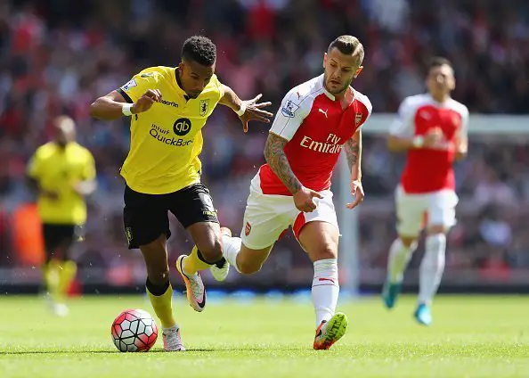 LONDON, UNITED KINGDOM - MAY 15: Scott Sinclair of Aston Villa and Jack Wilshere of Arsenal compete for the ball during the Barclays Premier League match between Arsenal and Aston Villa at Emirates Stadium on May 15, 2016 in London, England.  (Photo by Julian Finney/Getty Images)