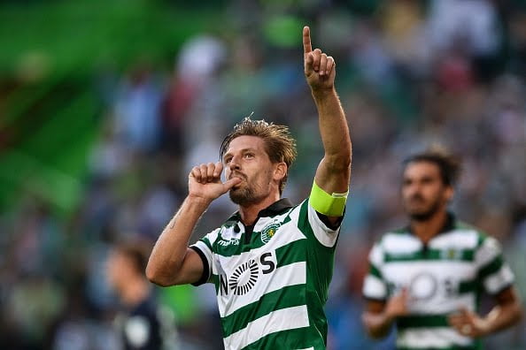 Sporting's midfielder Adrien Silva celebrates after scoring against VFL Wolfsburg during the Violinos Cup football match between Sporting CP and VFL Wolfsburg at Alvalade stadium in Lisbon on July 30, 2016.  / AFP / PATRICIA DE MELO MOREIRA        (Photo credit should read PATRICIA DE MELO MOREIRA/AFP/Getty Images)