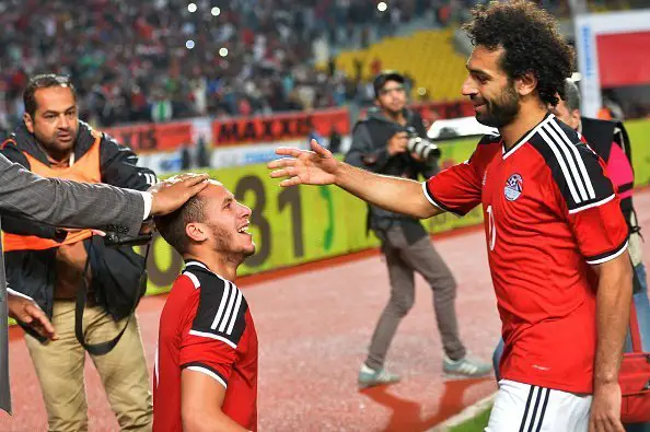 Egypt's Ramadan Sobhi (L) celebrate his goal against Nigeria with his teammate Mohamed Salah (R) during their African Cup of Nations group G qualification football match between Egypt and Nigeria at the Borg el-Arab Stadium in Alexandria on March 29, 2016. / AFP / KHALED DESOUKI        (Photo credit should read KHALED DESOUKI/AFP/Getty Images)