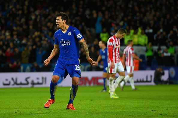 LEICESTER, ENGLAND - JANUARY 23: Leonardo Ulloa of Leicester City celebrates scoring his team's third goal during the Barclays Premier League match between Leicester City and Stoke City at The King Power Stadium on January 23, 2016 in Leicester, England.  (Photo by Michael Regan/Getty Images)
