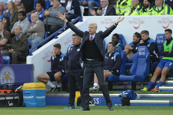 Arsenal's French manager Arsene Wenger reacts on the touchline during the English Premier League football match between Leicester City and Arsenal at King Power Stadium in Leicester, central England on August 20, 2016. / AFP / OLI SCARFF / RESTRICTED TO EDITORIAL USE. No use with unauthorized audio, video, data, fixture lists, club/league logos or 'live' services. Online in-match use limited to 75 images, no video emulation. No use in betting, games or single club/league/player publications.  /         (Photo credit should read OLI SCARFF/AFP/Getty Images)