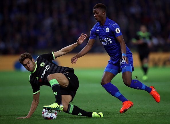 LEICESTER, ENGLAND - SEPTEMBER 20:  Marcos Alonso of Chelsea and Demarai Gray of Leicester City in action during the EFL Cup Third Round match between Leicester City and Chelsea at The King Power Stadium on September 20, 2016 in Leicester, England.  (Photo by Julian Finney/Getty Images)