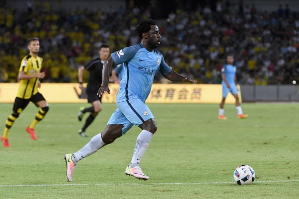 Manchester City's Wilfried Bony controls the ball during the 2016 International Champions Cup football match between Manchester City and Borussia Dortmund in Shenzhen, south China's Guangdong province on July 28, 2016. / AFP / WANG ZHAO        (Photo credit should read WANG ZHAO/AFP/Getty Images)
