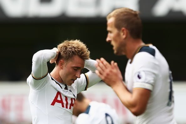 LONDON, ENGLAND - AUGUST 27: Christian Eriksen of Tottenham Hotspur (L) reacts during the Premier League match between Tottenham Hotspur and Liverpool at White Hart Lane on August 27, 2016 in London, England.  (Photo by Julian Finney/Getty Images)