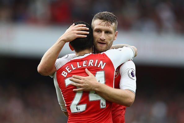 LONDON, ENGLAND - SEPTEMBER 10: Hector Bellerin of Arsenal and Shkodran Mustafi of Arsenal embrace after the match during the Premier League match between Arsenal and Southampton at Emirates Stadium on September 10, 2016 in London, England.  (Photo by Paul Gilham/Getty Images)