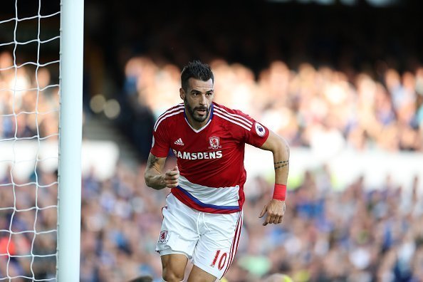LIVERPOOL, ENGLAND - SEPTEMBER 17: Alvaro Negredo of Middlesbrough celebrates scoring during the Premier League match between Everton and Middlesbrough at Goodison Park on September 17, 2016 in Liverpool, England. (Photo by Lynne Cameron/Getty Images)