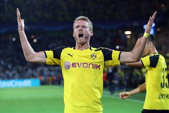 DORTMUND, GERMANY - SEPTEMBER 27:  Andre Schuerrle of Dortmund celebrates his team's second goal during the UEFA Champions League Group F match between Borussia Dortmund and Real Madrid CF at Signal Iduna Park on September 27, 2016 in Dortmund, North Rhine-Westphalia.  (Photo by Alex Grimm/Bongarts/Getty Images)