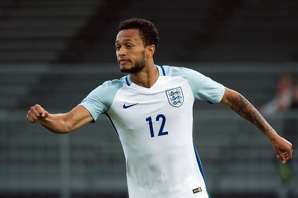 England's forward Lewis Baker celebrates after scoring during the Festival International Espoirs Under 21 football match final France vs England at the Parc des Sports stadium in Avignon, southern France, on May 29, 2016.  / AFP / BERTRAND LANGLOIS        (Photo credit should read BERTRAND LANGLOIS/AFP/Getty Images)