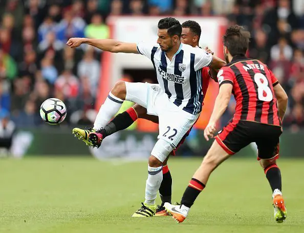 BOURNEMOUTH, ENGLAND - SEPTEMBER 10:  Nacer Chadli of West Bromwich Albion in action  during the Premier League match between AFC Bournemouth and West Bromwich Albion at Vitality Stadium on September 10, 2016 in Bournemouth, England.  (Photo by Warren Little/Getty Images)