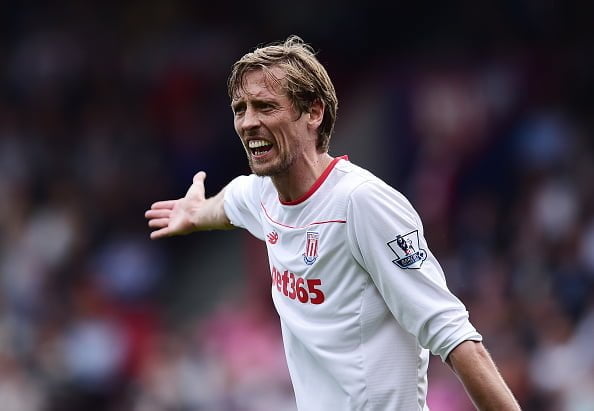 LONDON, ENGLAND - MAY 07:  Peter Crouch of Stoke City gestures during the Barclays Premier League match between Crystal Palace and Stoke City at Selhurst Park on May 7, 2016 in London, England. (Photo by Alex Broadway/Getty Images)