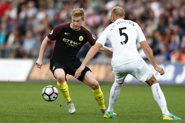 Manchester City's Belgian midfielder Kevin De Bruyne (L) takes on Swansea City's Dutch defender Mike van der Hoorn (R) during the English Premier League football match between Swansea City and Manchester City at The Liberty Stadium in Swansea, south Wales on September 24, 2016. / AFP / Adrian DENNIS / RESTRICTED TO EDITORIAL USE. No use with unauthorized audio, video, data, fixture lists, club/league logos or 'live' services. Online in-match use limited to 75 images, no video emulation. No use in betting, games or single club/league/player publications.  /         (Photo credit should read ADRIAN DENNIS/AFP/Getty Images)