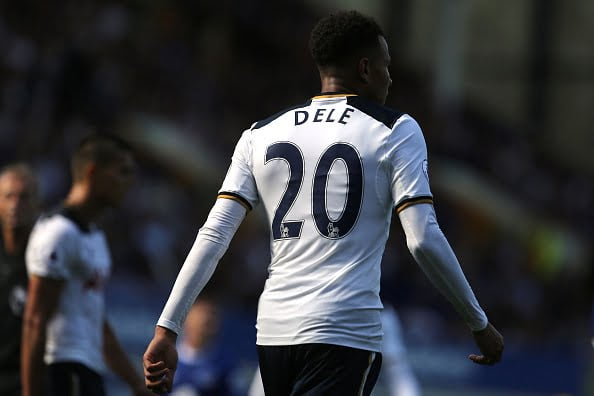 Tottenham Hotspur's English midfielder Dele Alli plays with a new name on the back of his shirt during the English Premier League football match between Everton and Tottenham Hotspur at Goodison Park in Liverpool, north west England on August 13, 2016.
Tottenham Hotspur midfielder Dele Alli will wear his first name on the back of his shirt this season, rather than his surname, his club announced on August 13. / AFP / GEOFF CADDICK / RESTRICTED TO EDITORIAL USE. No use with unauthorized audio, video, data, fixture lists, club/league logos or 'live' services. Online in-match use limited to 75 images, no video emulation. No use in betting, games or single club/league/player publications.  /         (Photo credit should read GEOFF CADDICK/AFP/Getty Images)