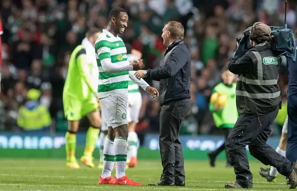 GLASGOW, SCOTLAND - AUGUST 3: Moussa Dembele of Celtic celebrates with Manager Brendan Rodgers after the UEFA Champions League, Third Round, Second Leg between Celtic and Astana at Celtic Park on August 3, 2016 in Glasgow, Scotland. (Photo by Steve  Welsh/Getty Images)